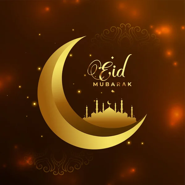 Eid Mubrak Shiny Background Realistic Golden Moon Mosque Vector — Stok Vektör