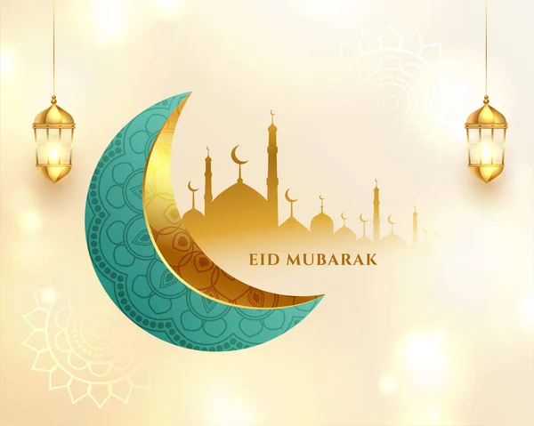 Schöne Eid Mubarak Glänzenden Hintergrund Mit Realistischem Mond Und Moschee — Stockvektor