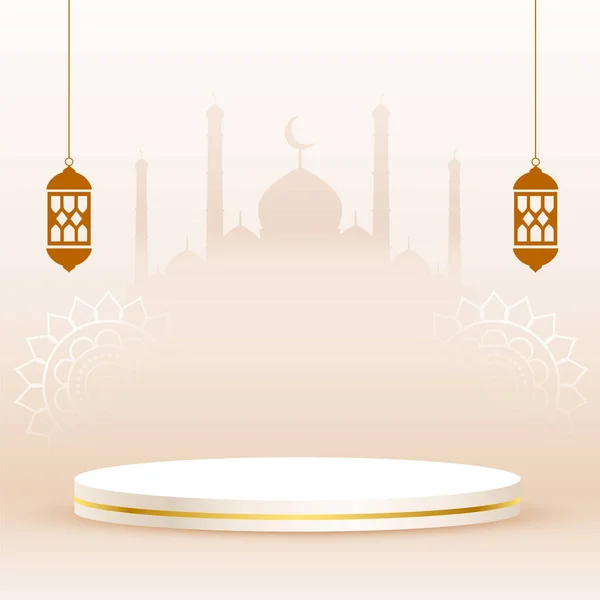 Latar Belakang Budaya Eid Mubarak Dengan Podium Dan Vektor Masjid - Stok Vektor