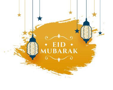 brush stroke style eid mubarak religious card with hanging lantern design vector clipart