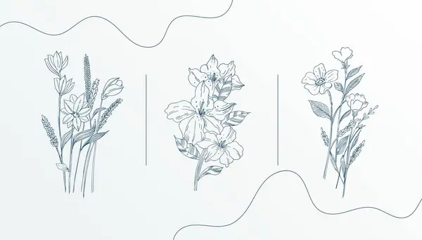 Zestaw Trzech Ręcznie Rysowane Botaniczne Kwiat Abstrakcyjny Baner Wektor — Wektor stockowy