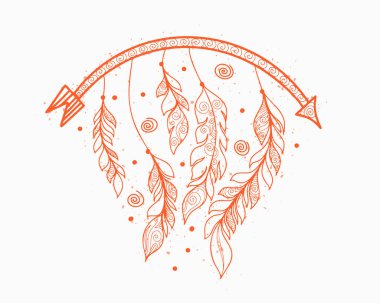 dekoratif duvar sanat vektörü için çizgi biçimi boho oku ve tüy arkaplanı