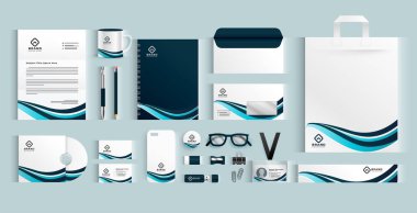 Ticari markalaşma vektörü için kurumsal kırtasiye ögeleri pankartı paketi