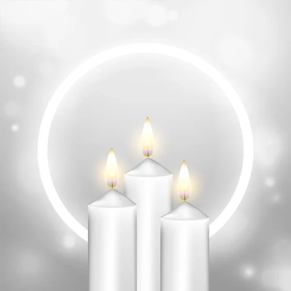 Realistic Burning Church Candle Shiny Background Neon Frame Vector — Stock Vector