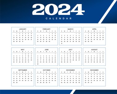 beyaz ve mavi 2024 yıllık planlayıcı takvimi bir yazdırılabilir tasarım vektörü şablonu