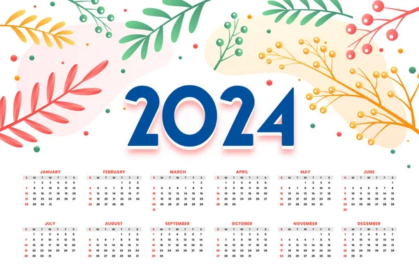 2024 yeni yıl İngilizce takvim şablonu çiçek süsleme vektörü