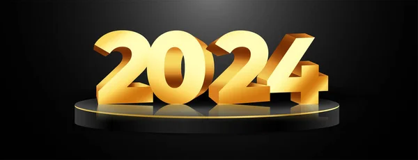 新年のお祝いのベクターのための表彰台のプラットホームの旗の3D金2024テキスト — ストックベクタ