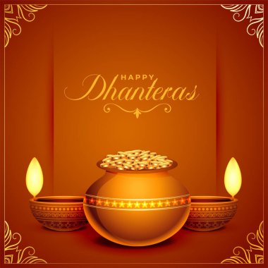 happy dhanteras festival card with golden coin pot and oil diya vector clipart