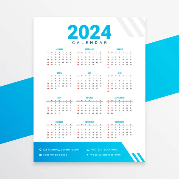 Vit Och Blå 2024 Årligt Schema Kalender Layout Utskrivbar Design — Stock vektor