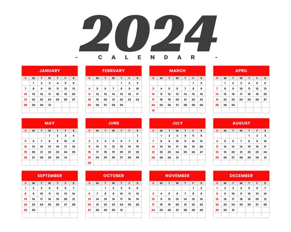 Bílá Červená 2024 Stěna Kalendář Šablona Plán Události Vektor — Stockový vektor