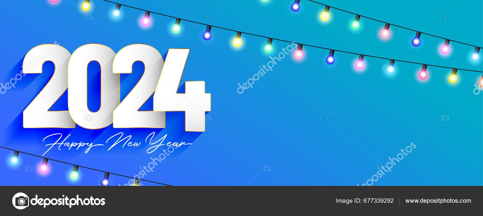 2024 Happy New Year. Christmas ball of festive decor and date of year 2024  on blue background. Vector ill…