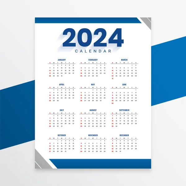 Vit Och Blå 2024 Engelsk Nyårskalender Layout Utskrivbar Design Vektor — Stock vektor