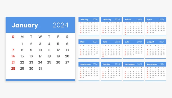 2024 Νέο Έτος Αγγλικό Πρότυπο Ημερολόγιο Ένα Φορέα Γραφική Ύλη — Διανυσματικό Αρχείο