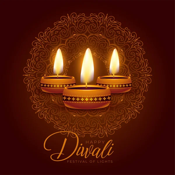 Bello Shubh Diwali Festival Sfondo Con Bruciore Diya Cornice Mandala — Vettoriale Stock