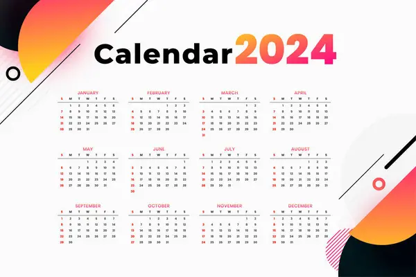 Abstract Style 2024 New Year English Calendar Template Design Vector — Stock Vector