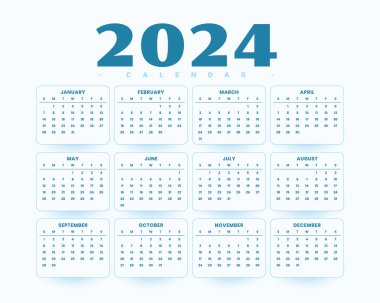 En düşük biçim 2024 Yeni Yıl takvim şablonu ve ay ve tarih vektörü