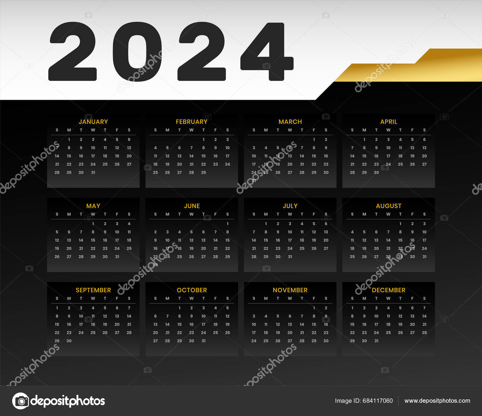 Dark Black 2024 New Year Calendar Template Organize Dates Events Stock ...
