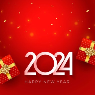 Mutlu yıllar 2024 davet arkaplanı hediye kutusu tasarım vektörü