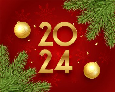 2024 altın harfli kırmızı arkaplan noel süsleme vektörü