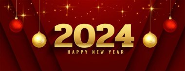 2024 Yeni Yıl Şenlik Duvar Kağıdı ve asılı Xmas topu tasarım vektörü