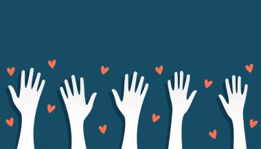 papercut volunteers group raising hand up with love heart vector clipart