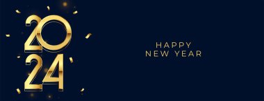 Altın konfeti tasarım vektörlü mutlu yıllar 2024 tebrik kartı