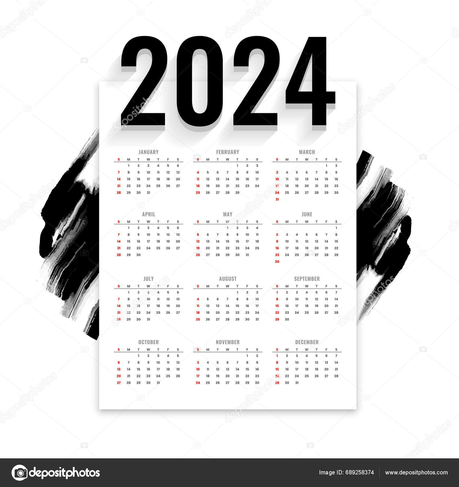 White Black 2024 Business Calendar Layout Grungy Style Vector Stock