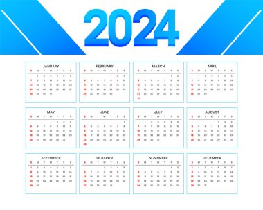 modern 2024 yeni yıl takvim şablonu beyaz ve mavi renk vektörü