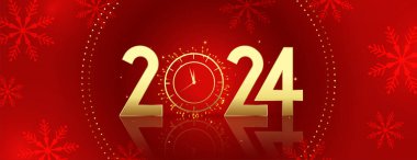 2024 Yeni Yıl Altın Saat Tasarım Vektörlü Kar Tanesi Afişi