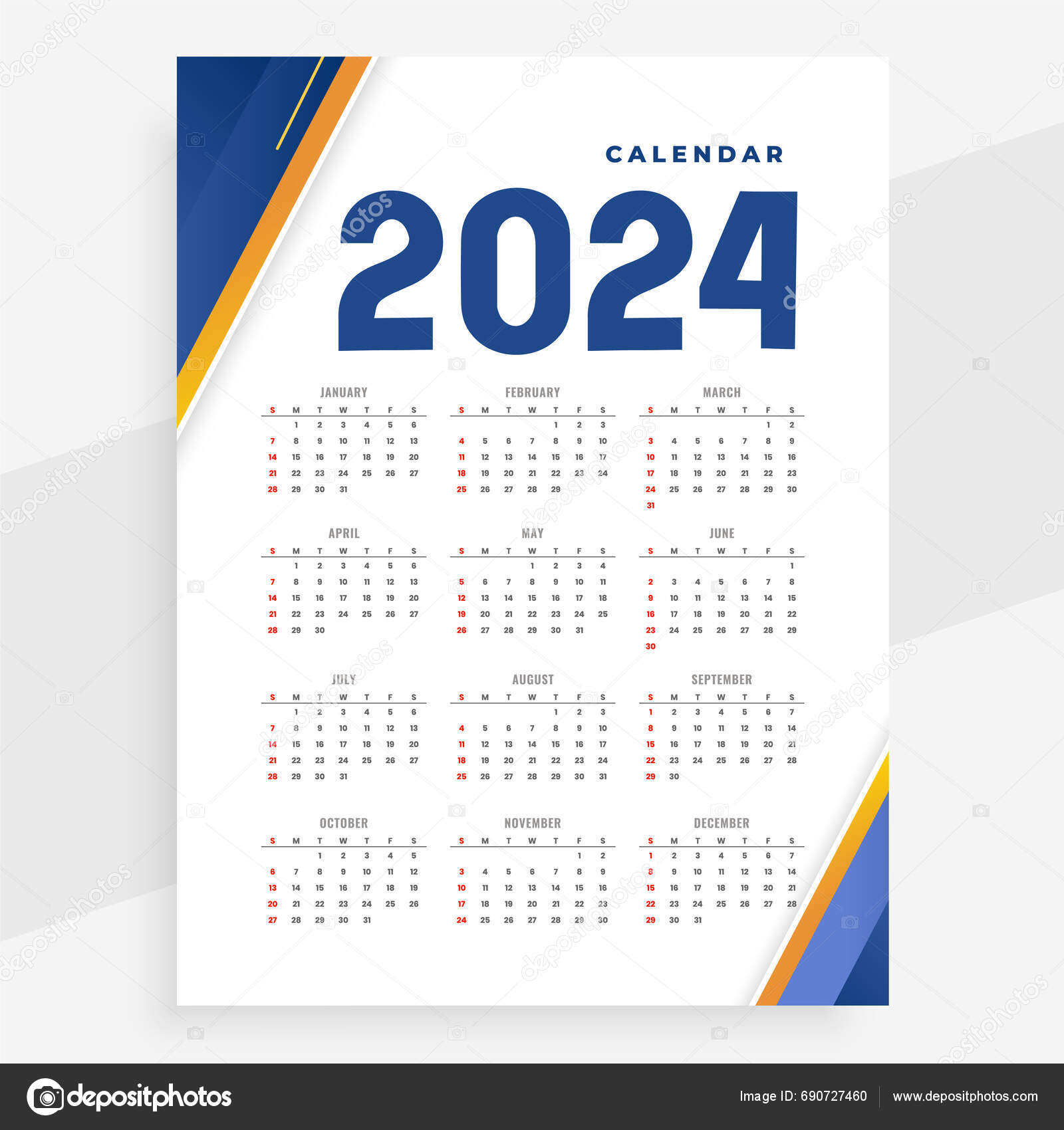 Modern 2024 New Year Calendar Layout Full Page Design Vector Stock ...