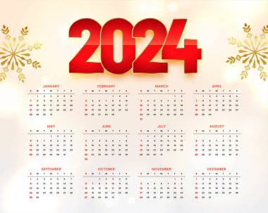 Yeni yılınız kutlu olsun 2024 Altın Kar Tanesi tasarım vektörlü takvim şablonu