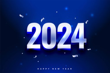 3d stili 2024 yeni yıl festivali arka planında konfeti dekorasyon vektörü