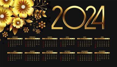 Çiçek dekorasyon vektörlü siyah ve altın 2024 yıllık takvim şablonu