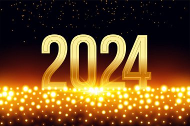 Altın 2024 harfi parlak parçacık vektörlü yeni yıl kartı
