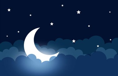 Parlayan ay ve yıldızlı gece arkaplanı kağıt kesim biçimi vektörlü bulutlar 
