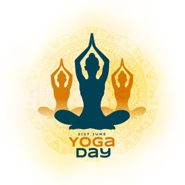 21 Haziran yoga günü mandala posteri, farklı vücut duruşu olan kadın.