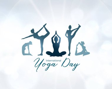 Dünya Yoga Günü vektörü için farklı Asana yapan bir grup insan