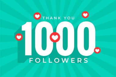 Teşekkürler 1000 sosyal medya takipçisi şirin kalp tasarım vektörü ile birlikte