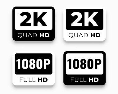 2k quad ve 1080 tam çözünürlüklü hd ekran piksel etiket vektörü