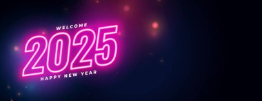 neon biçimi 2025 Yeni yıl bayrak tasarım vektörü istiyor