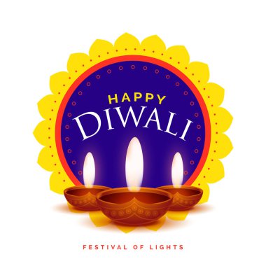 happy diwali festive rangoli background with glowing diya vector clipart