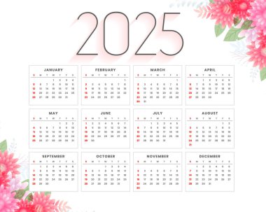 Çiçek süsleme vektörlü 2025 İngilizce takvim şablonu