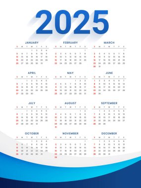 beyaz mavi 2025 aylık takvim şablonu iş biçimi vektörü