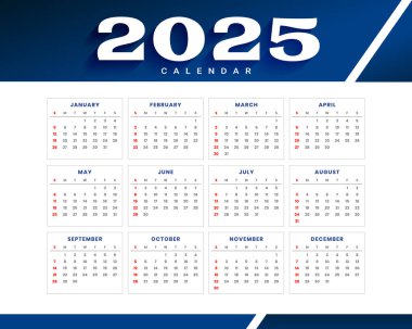 Yazdırılabilir tasarım vektöründe 2025 tam sayfa yıllık takvim şablonu