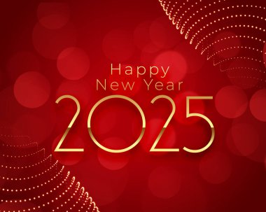 Mutlu yıllar 2025 Bokeh etkisi vektörü ile kırmızı zemin
