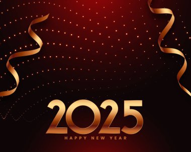Altın kurdele vektörlü mutlu yeni yıl 2025 şenlikli arka plan 