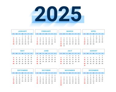 Basit biçim vektöründe temiz 2025 takvim tasarımı
