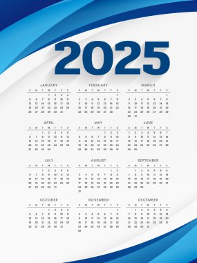 iş stili vektöründe mavi beyaz 2025 tam sayfa takvim düzeni