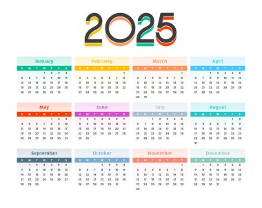 2025 aylık takvim renkli şablon düzenleme olayı veya görev vektörü