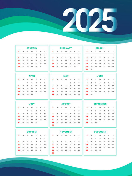 2025 full year calendar layout in wavy style vector